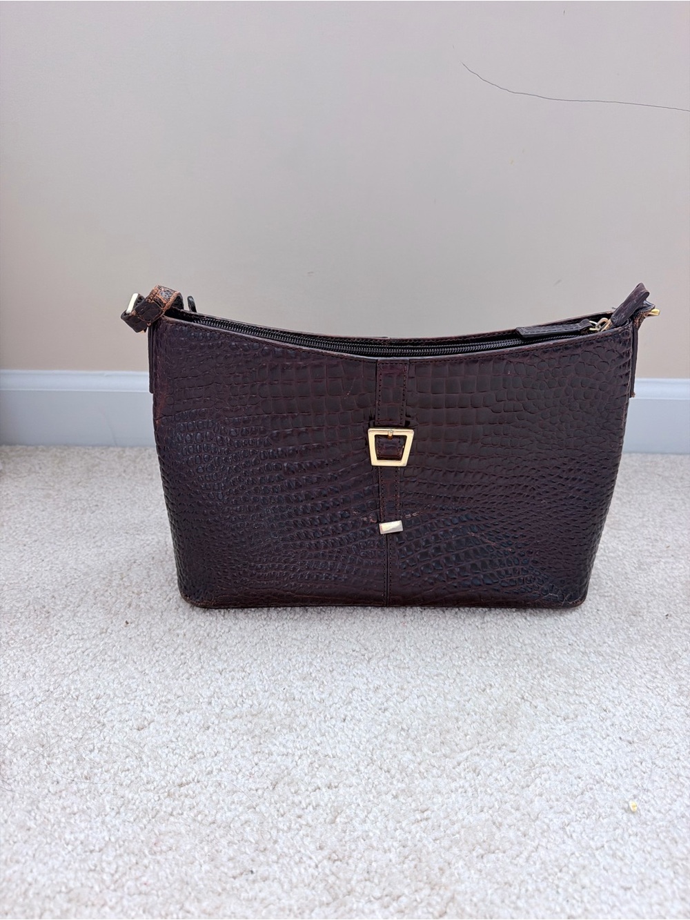 Etienne Aigner Dark Brown Leather Croc-Embossed Shoulder Bag with Gold Hardware